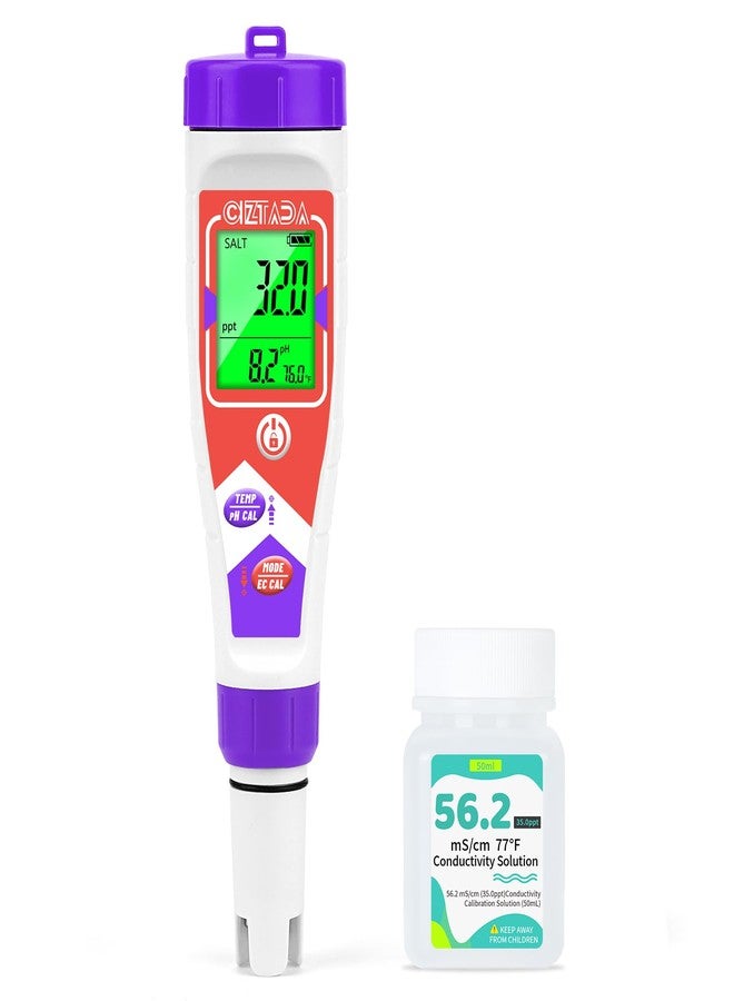 CIZTADA Saltwater Aquarium Salinity pH Tester for Reef Aquarium Digital Pool Salt Tester with 35ppt Calibration Solution Measure pH Salt EC TDS Temp 0-150ppt Large Range Salt Meter for Pool, Koi Pond - Image 1